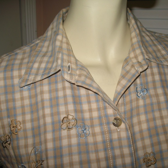 Vintage Y2K 90s 80s Liz Claiborne Button Up Shirt Top Plaid Khaki Preppy Western - Picture 4 of 8